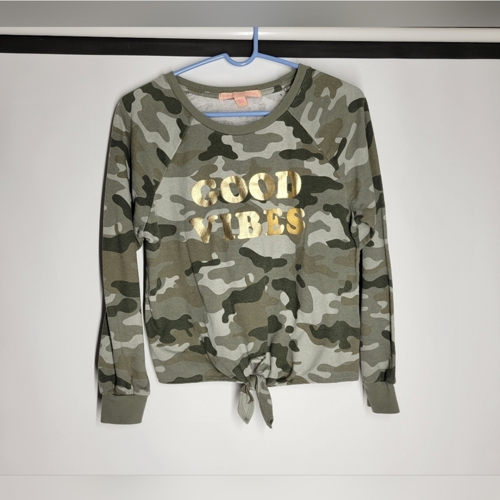 Rebellious One Camo Long Sleeve Tee with Gold 'Good Vibes' Lettering